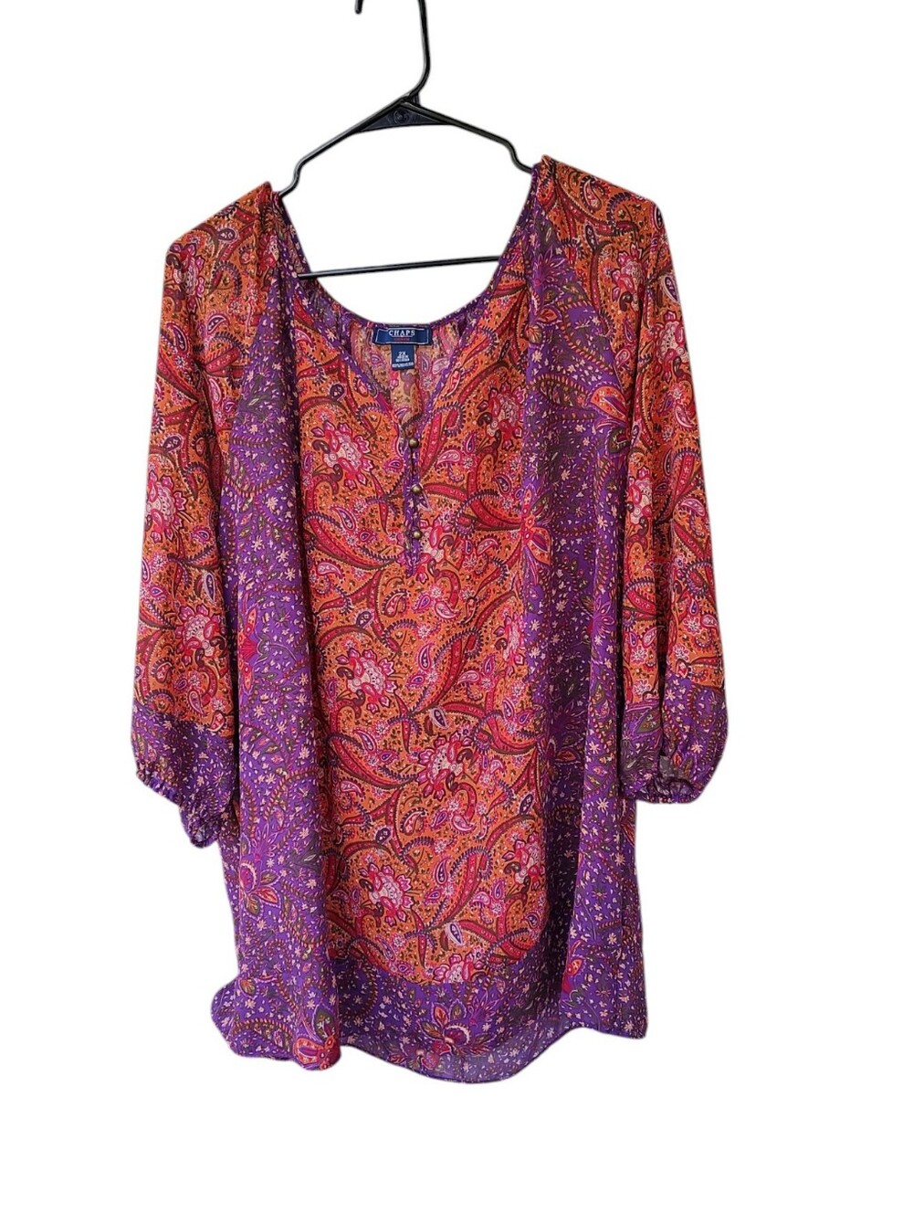 Chaps Paisley Split-Neck Peasant Blouse In Tangerine And Magenta Colors - Picture 2 of 5